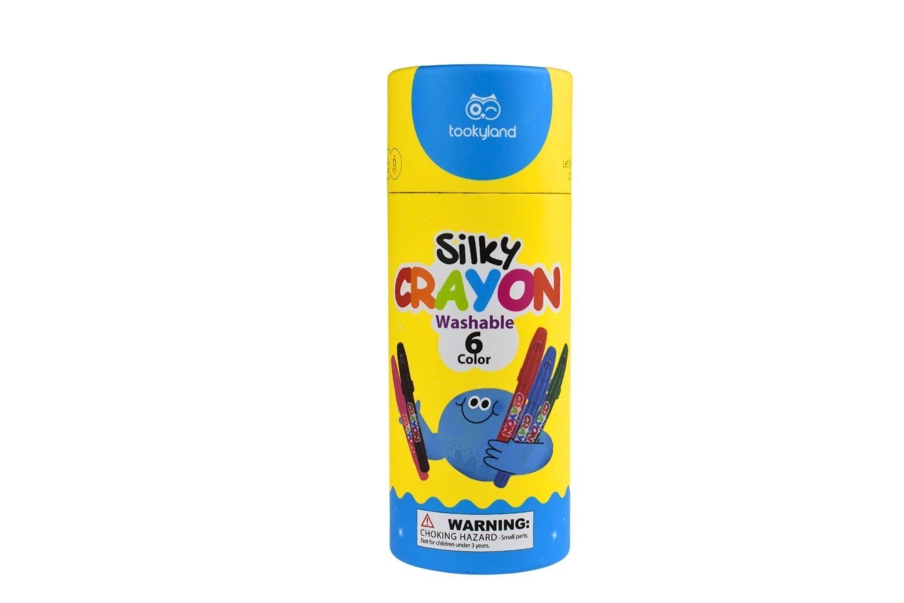 Showing Tookyland Silky Crayon 6 Colors. The box is in cylinder shape with yellow color. The background picture is white.