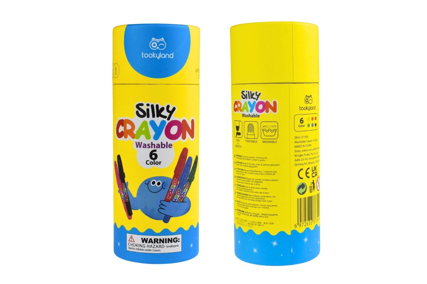 Showing Tookyland Silky Crayon 6 Colors. The box is in cylinder shape with yellow color. Showing the front and back of the box. The background picture is white.